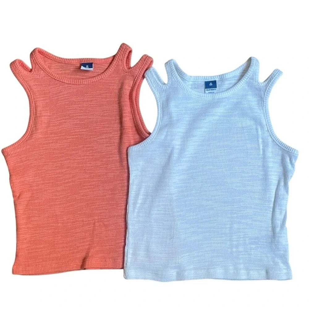 Old Navy Girls Ribbed Tank‎ Top Bundle Coral White Cutout Shoulder Size M 8 2pk